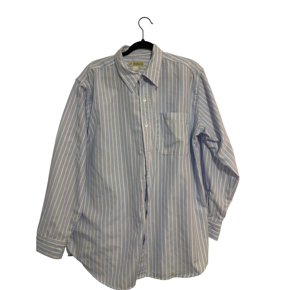 Haband Button Down Shirt Striped Blue White Long Sleeve Pocket Classic